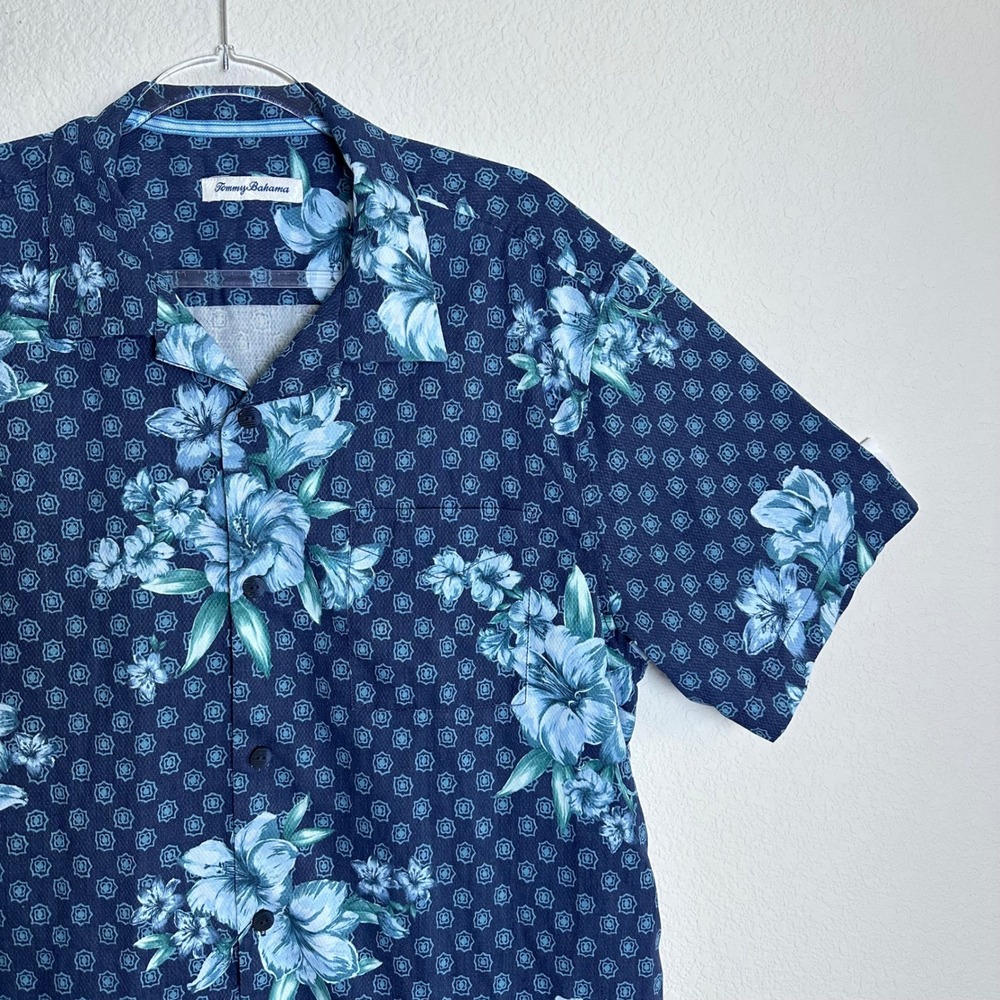 Tommy Bahama Mens Blue Floral‎ Silk Coolmax Short Sleeve Button Down Shirt Large